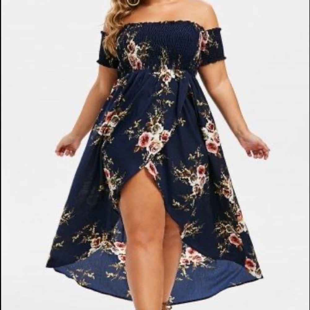 Boho Plus Size Floral Off The Shoulder High Low Dress - Picture 8 of 10